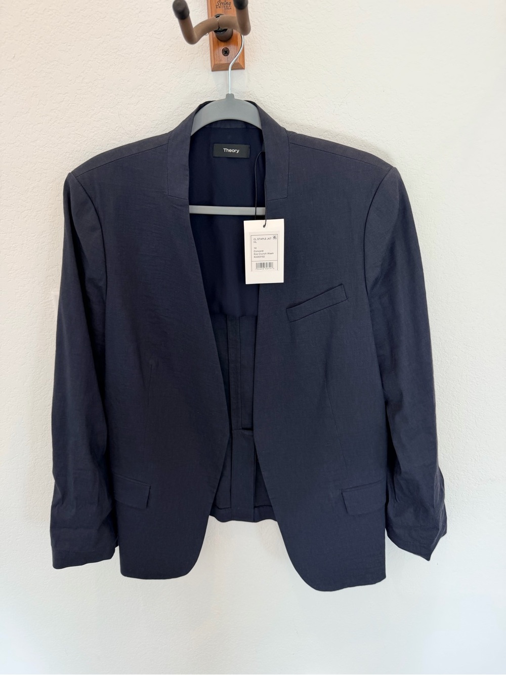 Theory Open Front Collarless Linen Blazer in Navy Blue